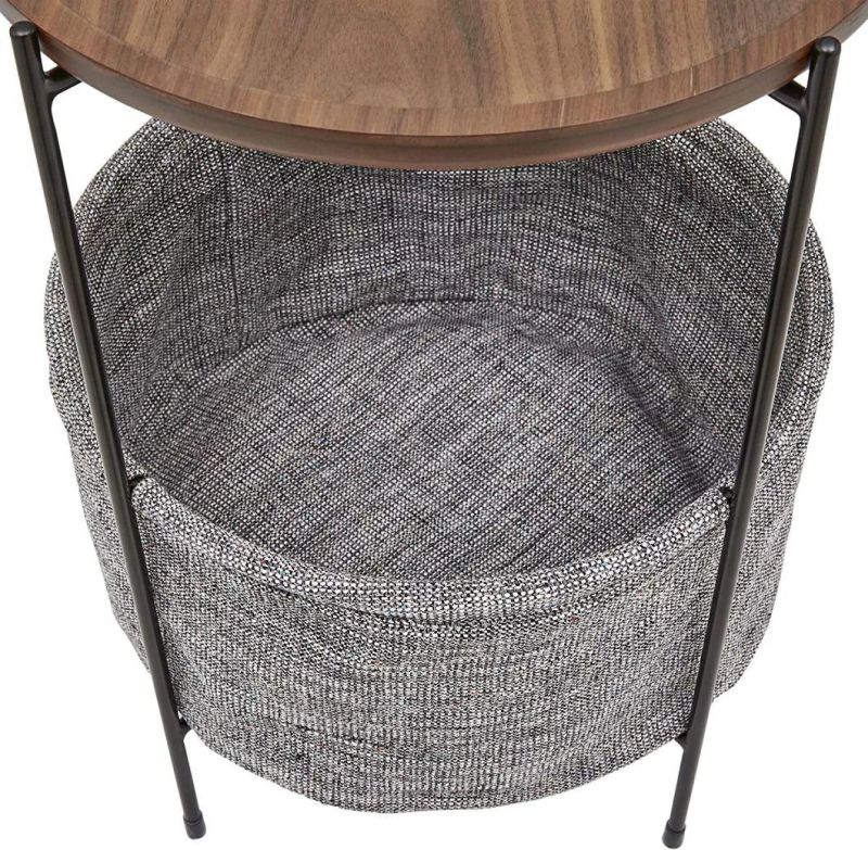 Round Side Table with Fabric Storage Basket, 24"H, Walnut and Grey