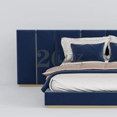 Antique Style Modern High Quality Hotel Apartment Furniture European Blue Fabric Gold Metal Feet Bedroom Bed