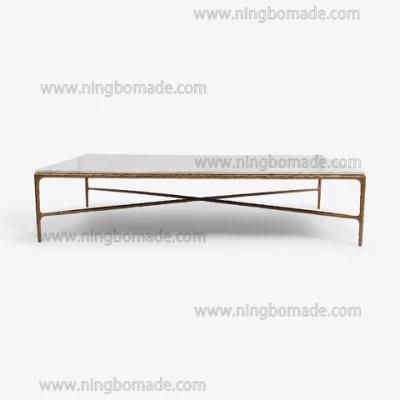 Rustic Hand Hammered Collection Furniture Forged Solid Iron Metal with Brass Color Thick Nature White Cloud Marble Rectangle Coffee Table