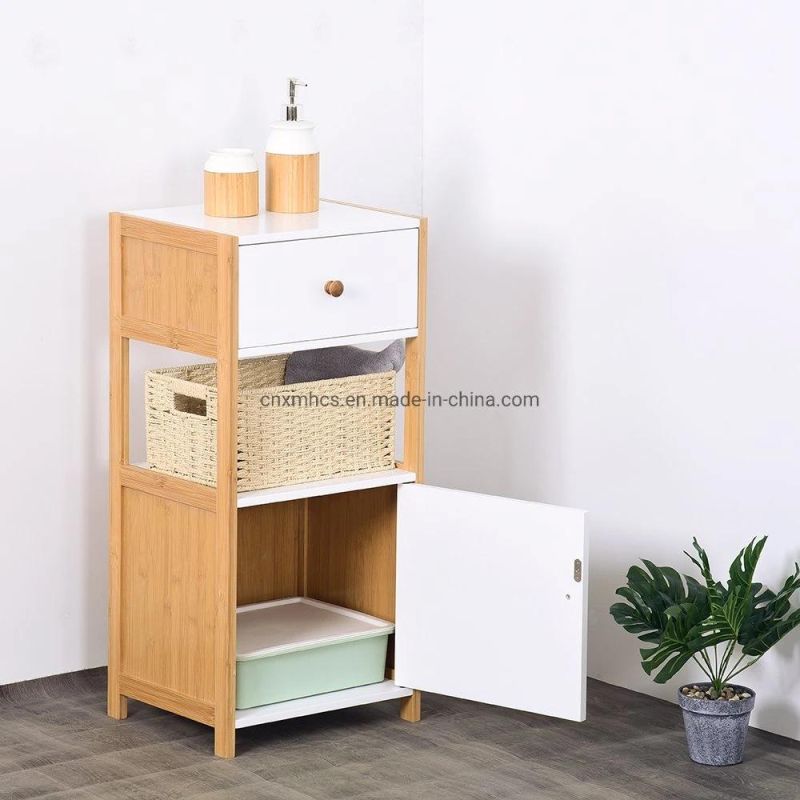 Bamboo Storage Cabinets Bathroom Shelf with Door, Free Standing Wood Storage Cabinet for Office Kitchen Living Room