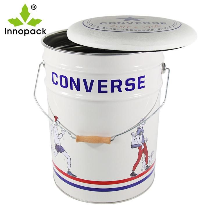 Printed Tin Bucket Bar Stool Metal with Cushion
