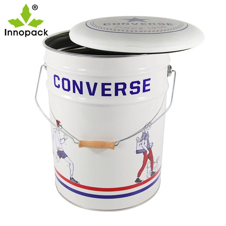 Printed Tin Bucket Bar Stool Metal with Cushion