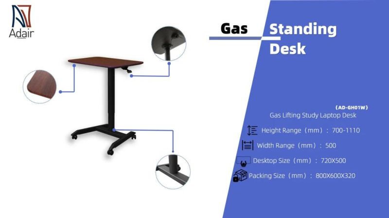 Single Leg Office Movable Gas Standing Adjustable Height Laptop Tripod Desk with Desktop