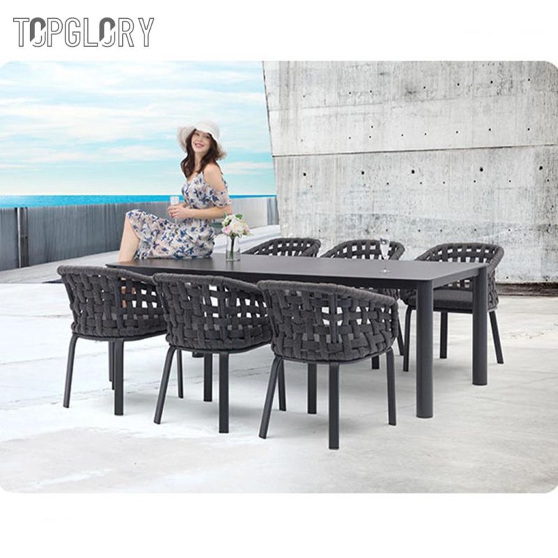 Outdoor Garden Rattan Furniture PVC Rubber Webbing Weaving Dining Table and Chairs for 6 People Seater