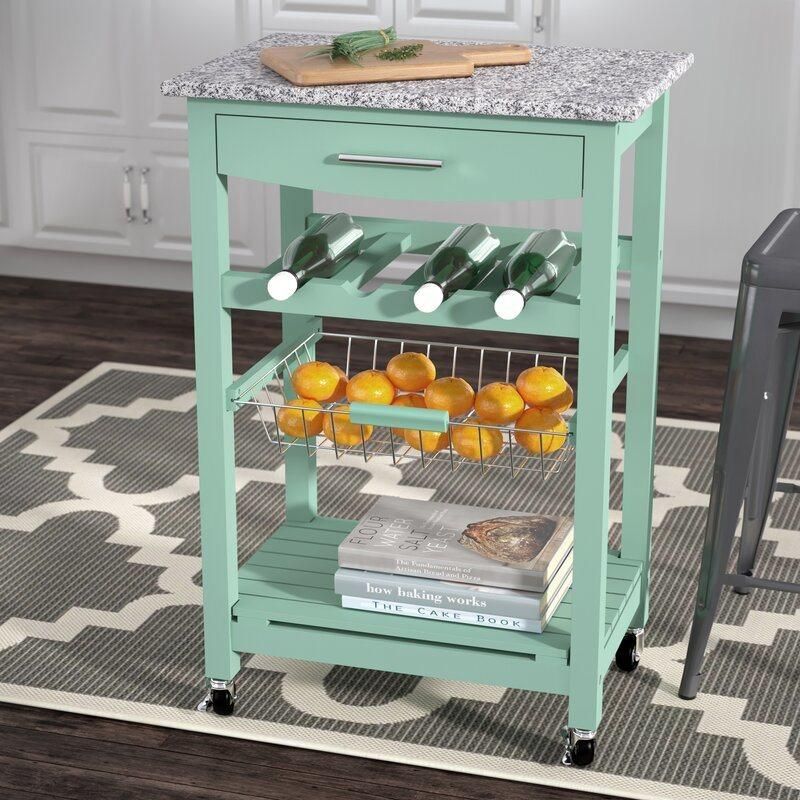 Home Use Green Fashion Painting Rolling Kitchen Cart with Granite Top and Metal Blanket