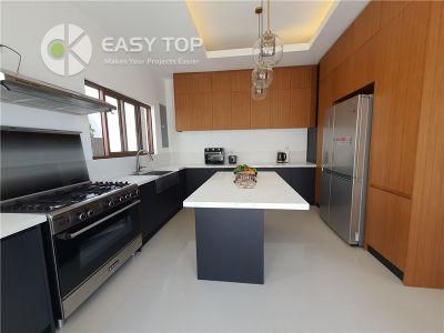 Eco-Friendly U-Shaped Pantry Wooden Veneer and Dark Grey Lacuqer Furniture Kitchen Cabinets Easytop