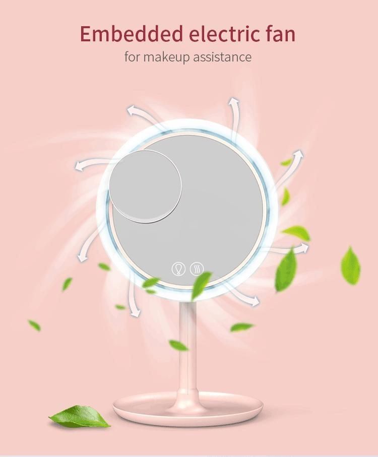 Pritech Wholesale Vanity Mirror 180 Degree Adjustment LED Light Desktop Cosmetic Makeup Mirror with Fan