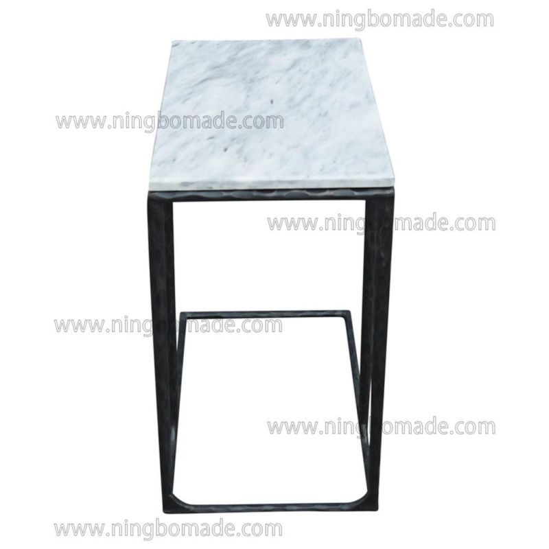 Thaddeus Sculptural Forged Collection Cloud Marble Top Antique Black Solid Metal Base Sofa Table