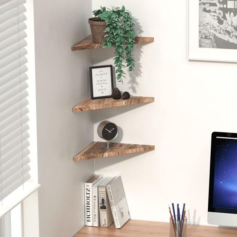 Wall Mounted Rustic Wood Straight Edge Corner Shelf Storage Rack, Bookcase, Floating Shelves Home Decor for Bedroom, Living Room, Office and Kitchen
