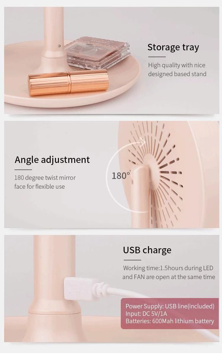 Pritech Wholesale Vanity Mirror 180 Degree Adjustment LED Light Desktop Cosmetic Makeup Mirror with Fan