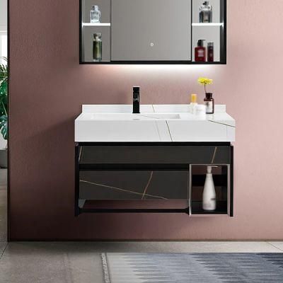35&quot; Modern White &amp; Black Wall Mounted Bathroom Vanity with Integral Stone Sink