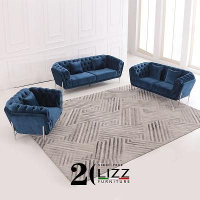 Foshan Sofa Modern Furniture Set Luxury Blue Velvet Couch Leisure Fabric Sofa for Home Lobby