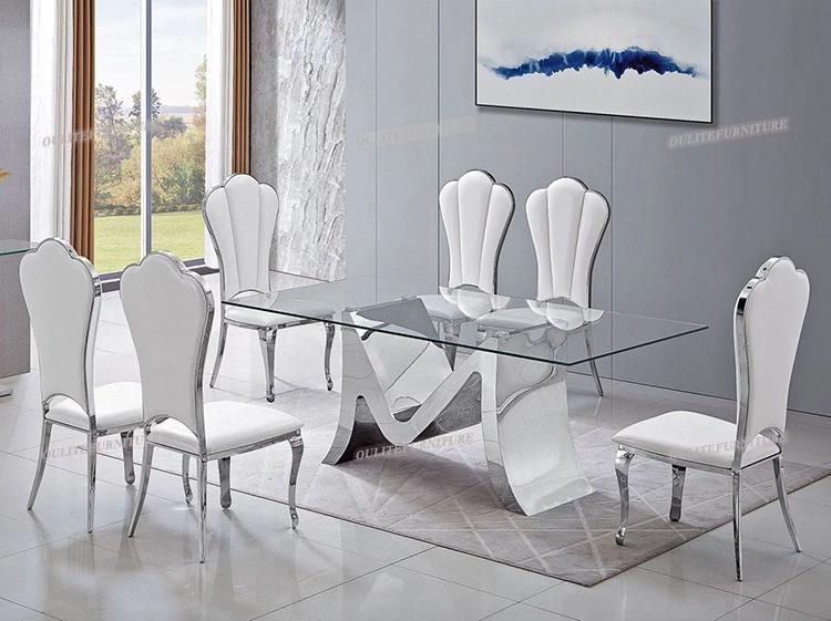 White PU Leather Cover Silver Dining Chair with Table Sets