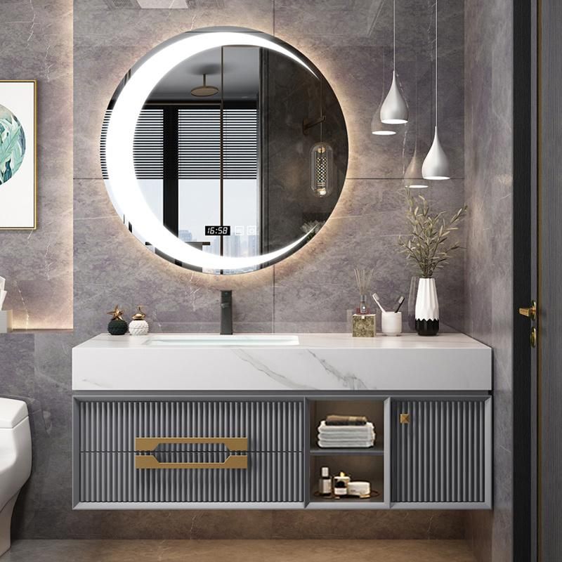 Nordic Light Luxury Rock Plate Ceramic Bathroom Cabinet with Simple Intelligent Round Mirror Customization