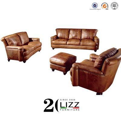 American Antique Living Room Furniture Brown Leather Sofa