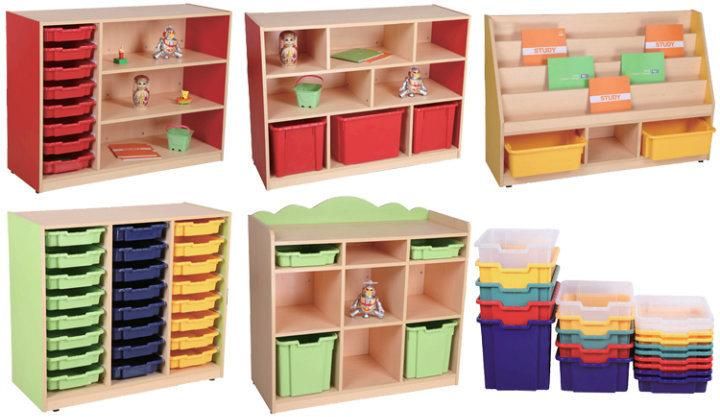 Children Studying Shelves of Kids Furniture with Plastic Storage