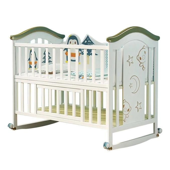 White Color and Solid Wood Style Baby Cot Bed Bedroom Furniture with Safety Fence