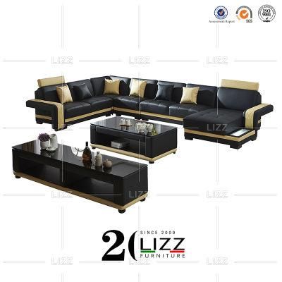 Modern LED Home Furniture Leisure U Shape Geniue Leather Corner Sofa with Chaise &amp; TV Table