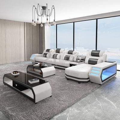 Latest New Design Geniue Leather Sofa with LED Light Popular Modern Muti-Functional Home Furniture Set