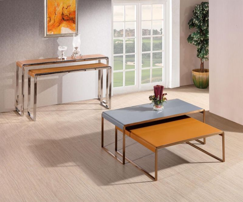 New Design Square Steel Coffee Tables with Two Layers Tempered Glass & Veneer Top Home Furniture