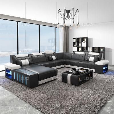 2022 Newly Design Modern Wood Home Sofa Set Furniture Luxury Italian Leather U Shape LED Sofa