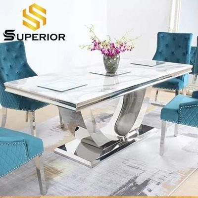 Modern Restaurant Chromed Steel Metal Base Artificial Marble Dining Tables