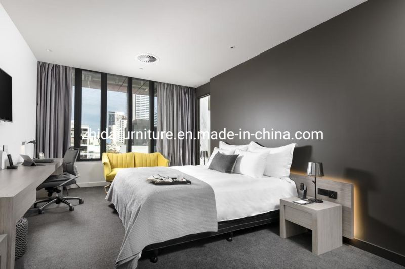 Zhida Commercial 5 Star Customized Modern Hotel Furniture Bedroom Set King Size Wooden Bed with LED Headboard Wall