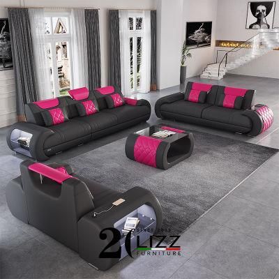 Chinese Good Quality Modern European Home LED Furniture Colorful Couch Living Room 1+2+3 Genuine Leather Sofa