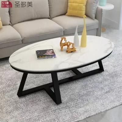 Oval Coffee Table with Nature Marble Top and Steel Feet