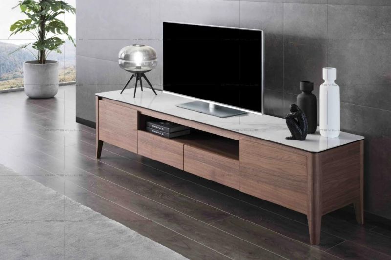 TV Unit Home Furniture with Walnut Veneer Nice Ceramic Top Popular Model TV917