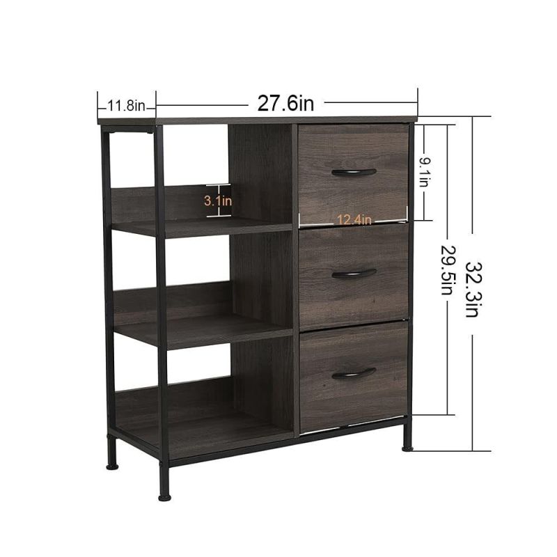 3 Drawer Dresser with 4 Wood Shelves, Drawer Chest