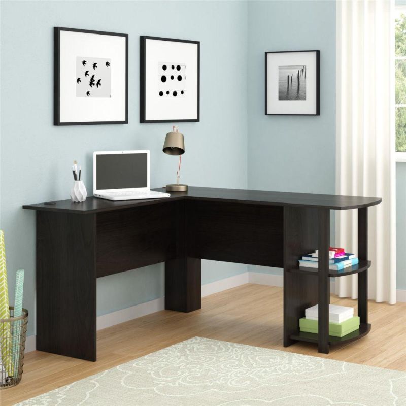 L-Shaped Desk with Bookshelves (Black Ebony Ash)