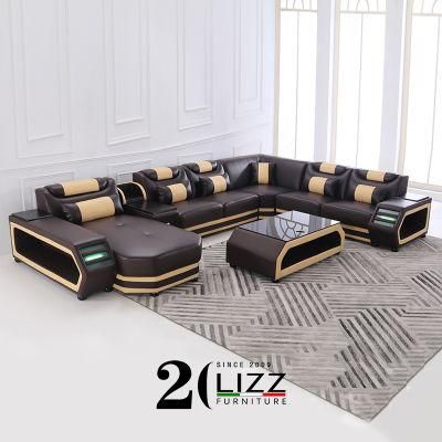 European Modern Style Living Room Furniture Sectional Corner LED Genuine Leather Leisure Sofa