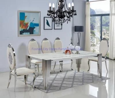 Popular Dining Table Silver Color with Artificial Marble Top