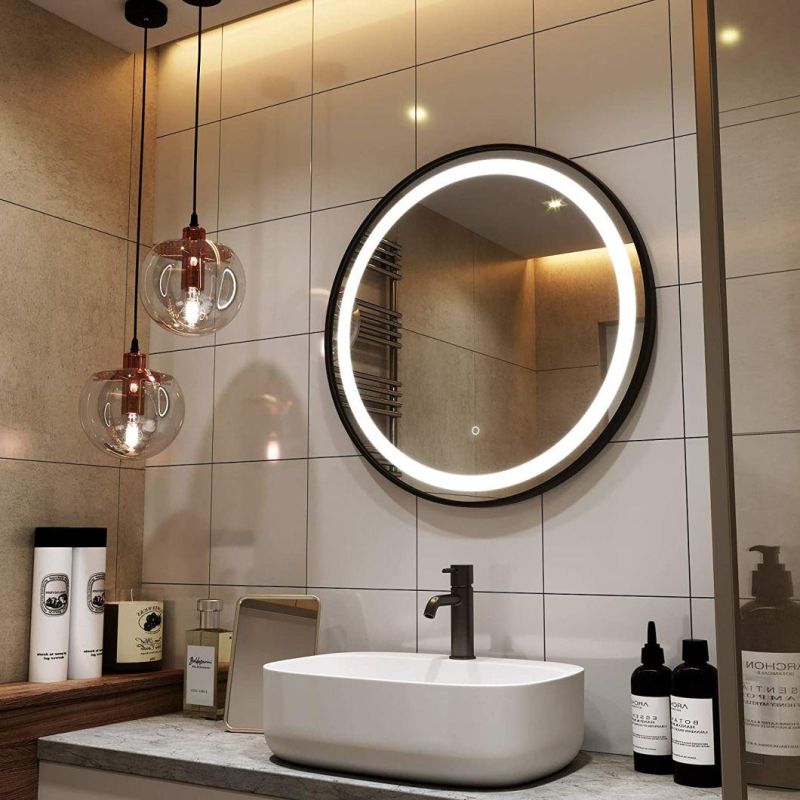 Round LED Lighting Bathroom Mirror, Black Frame, Wall Mounted Dimmable Memory Button, Waterproof