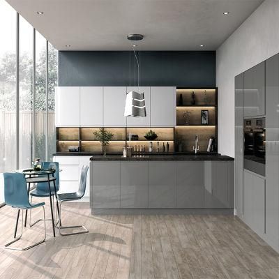 Wholesale Gray Glossy Cupboard Cabinets Design Modern Style L Shaped Grey High Gloss Finish Acrylic MDF Wood Kitchen Cabinet