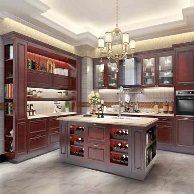 Modern Hard Solid Wooden Modular Cabinets Furniture Complete Sets Designs Red Cherry Color Wood Kitchen Cabinets