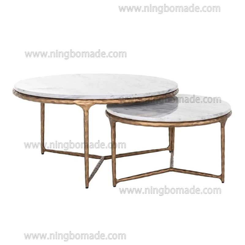 Thaddeus Sculptural Forged Collection Cloud Marble Top Light Brass Solid Forged Metal Base Nest Table