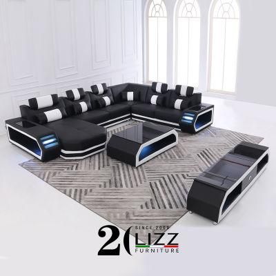 Stylish Modern LED Home Furniture Leisure U Shape Leather Sectional Couch