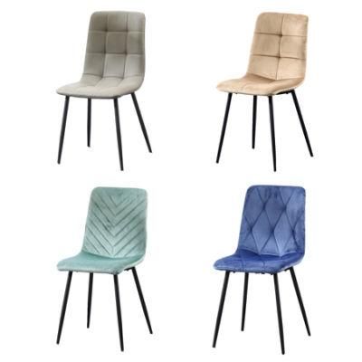 French Restaurant Room Furniture Modern Upholstery Coated Metal Leg Tufted Grey Blue Velvet Fabric Dining Chair