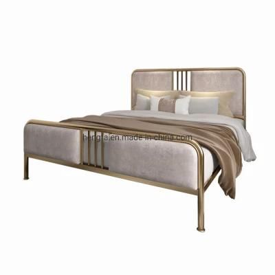 Bedroom Modern Design Furniture Velvet Cushion Adult Size Metal Bed