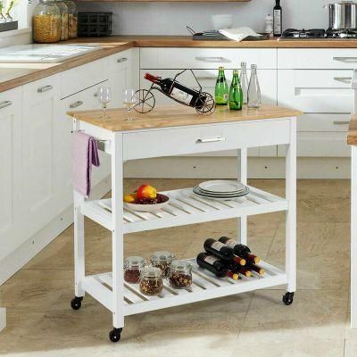 Home Basic 3-Tier Solid Wood Top White Painting Rolling Kitchen Cart with Storage Drawer