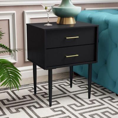 Mirrored Furniture Black Bedside Table Wooden 2 Drawer Nightstand End Table Bedroom Furniture with Metal Handle