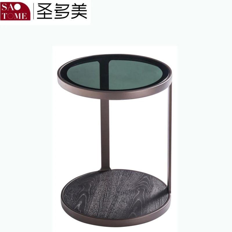 Small Round Table with Gray Glass Surface on Wooden Coffee Table