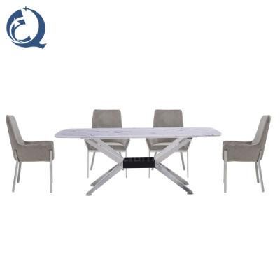 Modern Kitchen Furniture 6 Seater X Shape Steel Base White Marble Dining Table with Chair Set