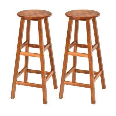 Round Acacia Wood Stool, Bar Stool Solid Wood Chair with Foot Plate, Round Seat with Stable Legs, Ideal for Kitchen, Restaurant, Pub, Bar and Hotel
