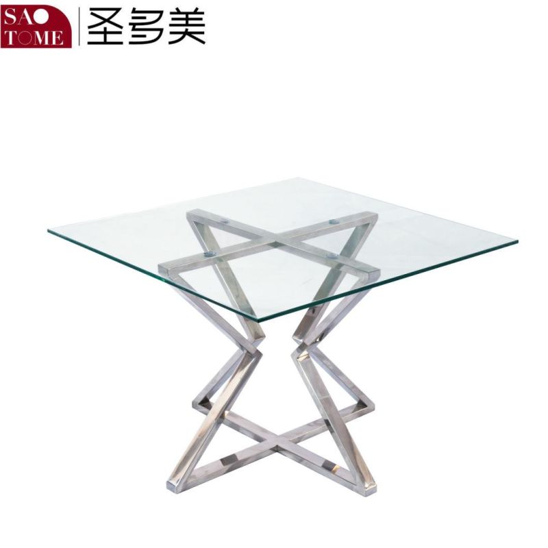 Round Coffee Table with Stainless Steel Transparent Glass Surface in Family Living Room