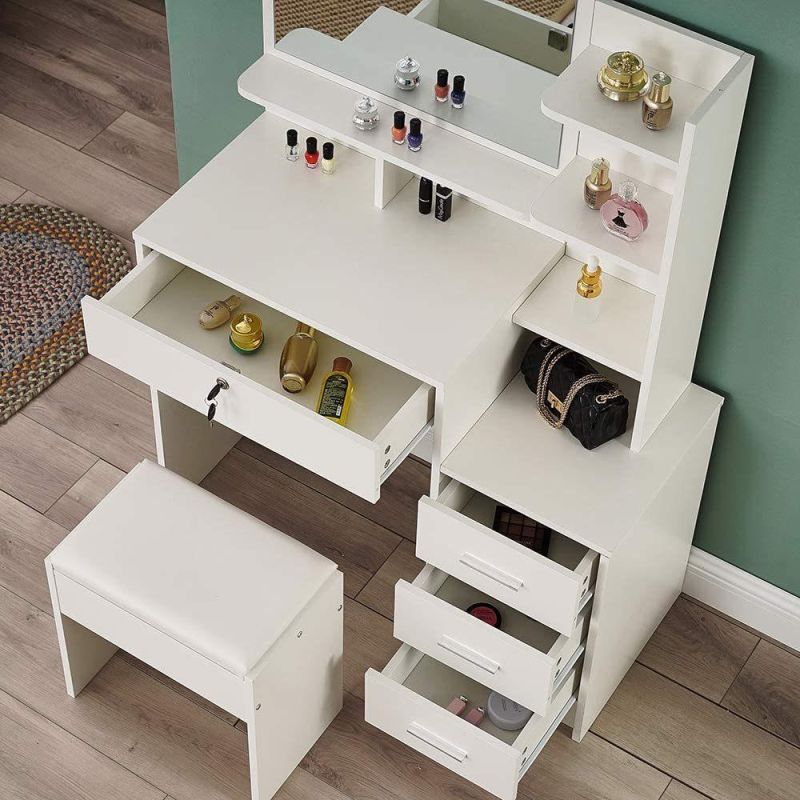 Corner Vanity Makeup Desk Dressing Table with Tri-Folding Mirror Makeup Vanity Table for Girls