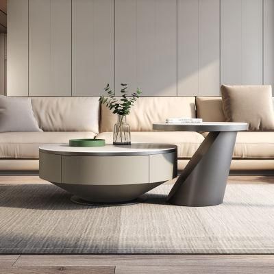 Italian-Style Slate Coffee Table Round Size Combination Modern Minimalist with Drawer Stainless Steel Creative Living Room Home