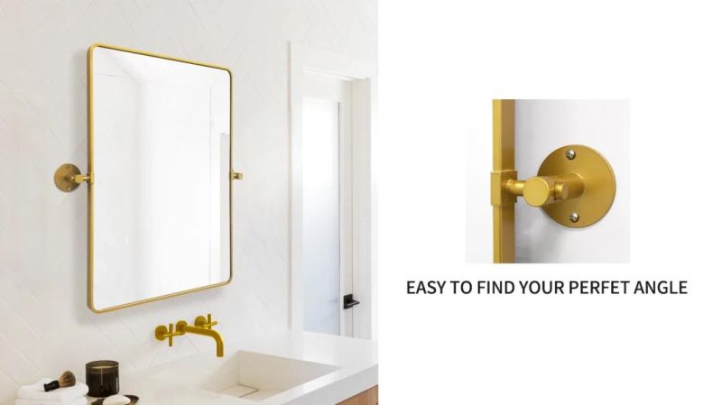 Contemporary Industrial Wall Mirror Brushed Golden Metal Rectangle Mirror for Entrance/ Bathroom/Restroom Pivot Tilting Bathroom Vanty Mirror for Bathroom